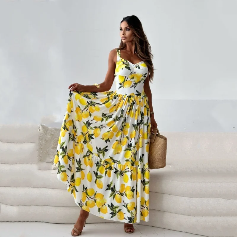 2024 summer sling ruffle maxi dresses for women sleeveless lemon strap fruit print strap sleeveless vacation backless sress robe