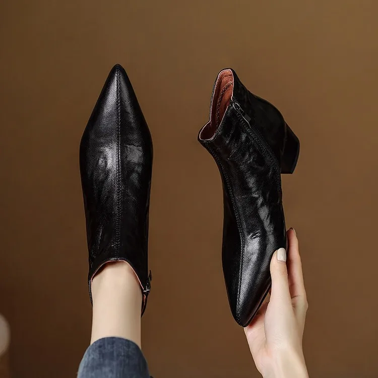 

Faionable arp Pointed Toe ort Boots Women's Full Soft Leather Autumn Winter New Sle Thi Heel Korean Version Boots