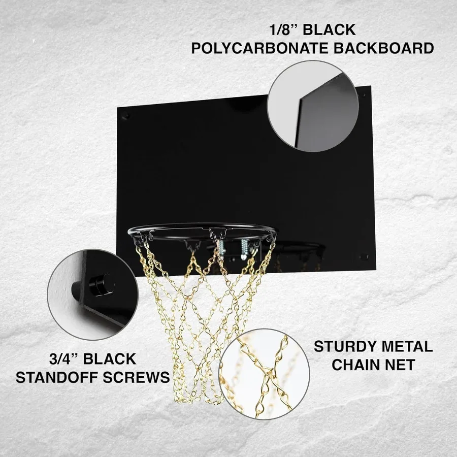 Indoor Wall Mount Mini Basketball Hoop with Metal Chain Net Black Rim Backboard Includes Ball Pump 9-inch Hoop Standoff Screws