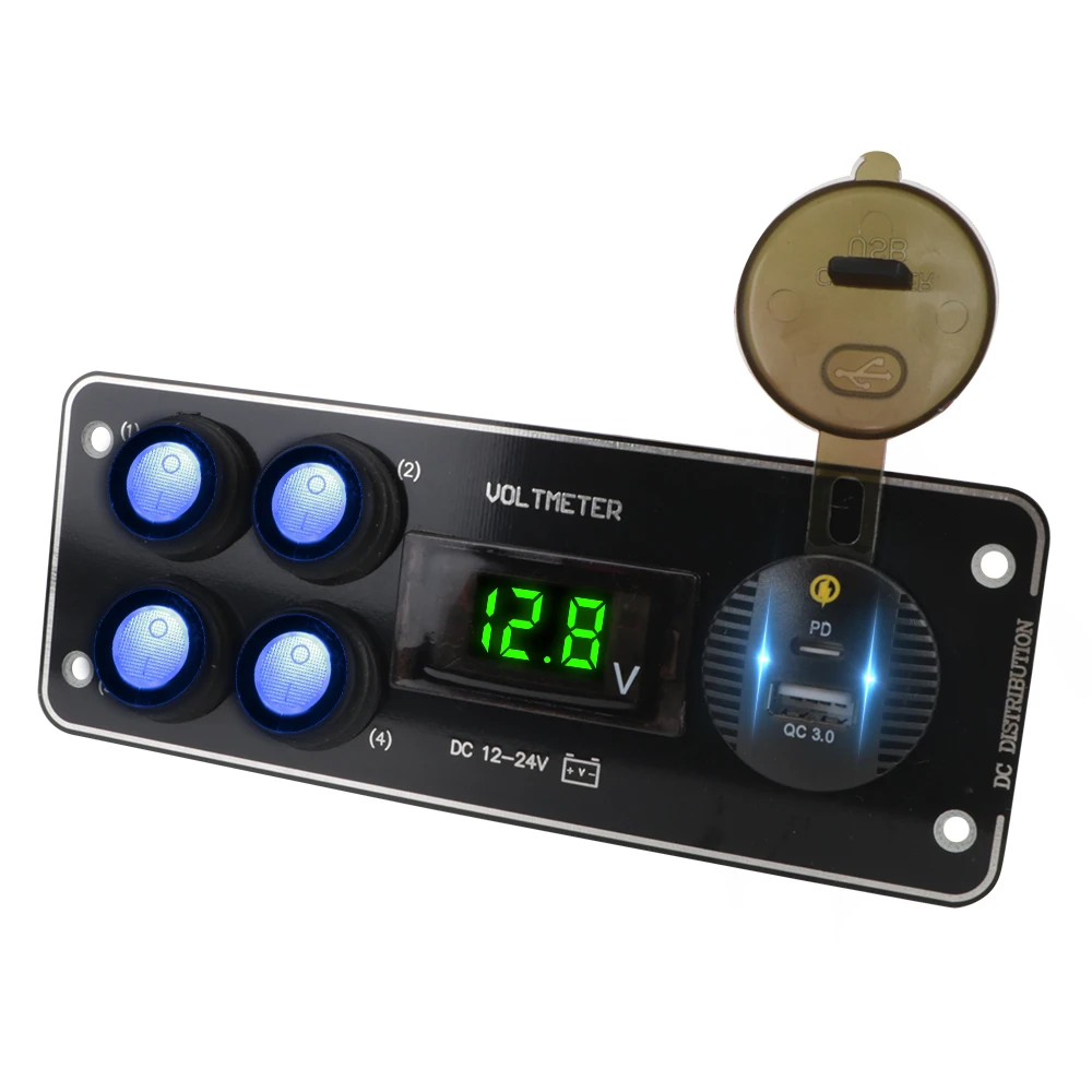 4 Gang Switch Panel QC3.0 Voltmeter Car charging Car Push Button For Car RV Truck ATV UTV Camper Caravan PD 12-24V