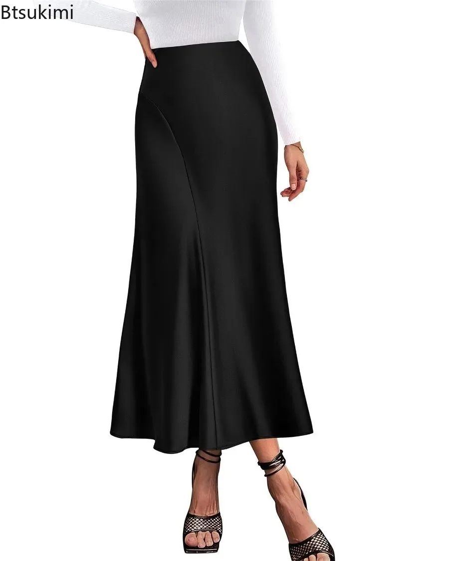 

2024 Women's Luxury Satin Silk Fish Tail Skirts Dress Elegant Spring Summer Solid Smooth Traceless Waist Long Skirt Dress Female