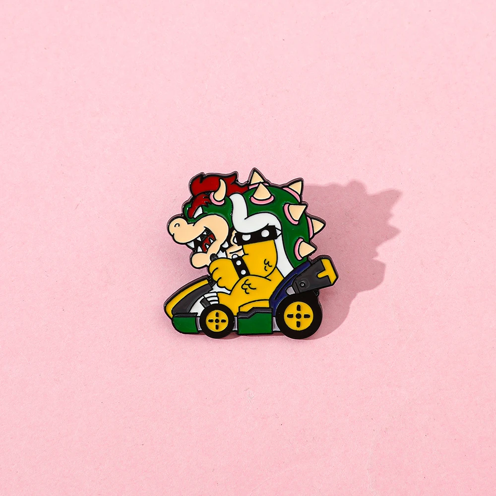 Cartoon Dinosaur Bowser Racing Kart Enamel Brooch Classic Game Character Metal Lapel Pin nique Collectible Gift for Fans