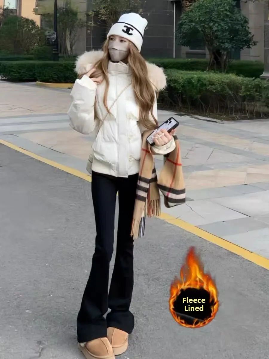 

Прямые джинсы больших размеров на подкладке Thi, женские осенне-зимние утягивающие эластичные расклешенные брюки с высокой талией и копытами