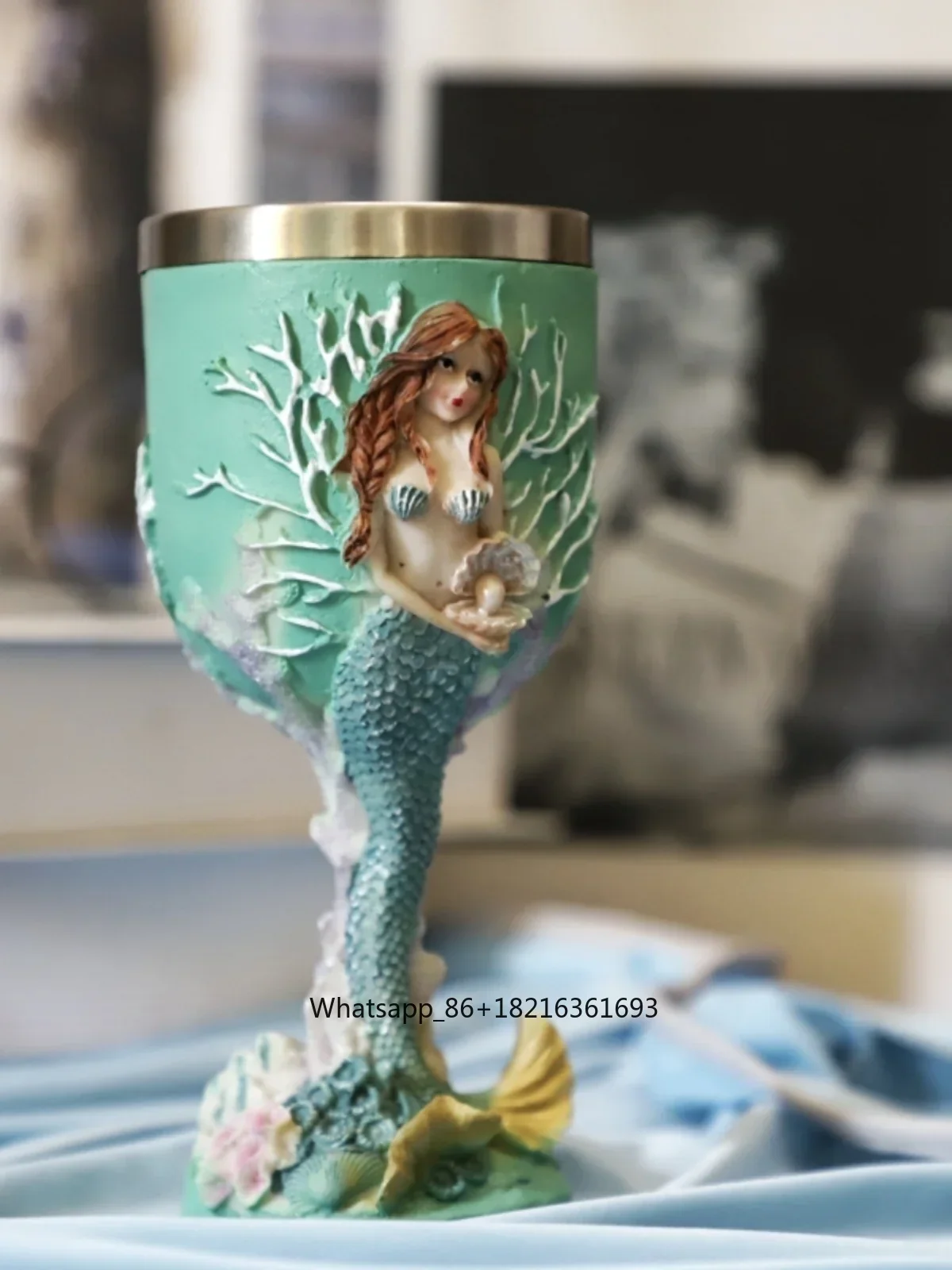 Three-dimensional engraving mermaid hand-painted craft goblet resin creative stainless steel wine glass foreign trade water cup