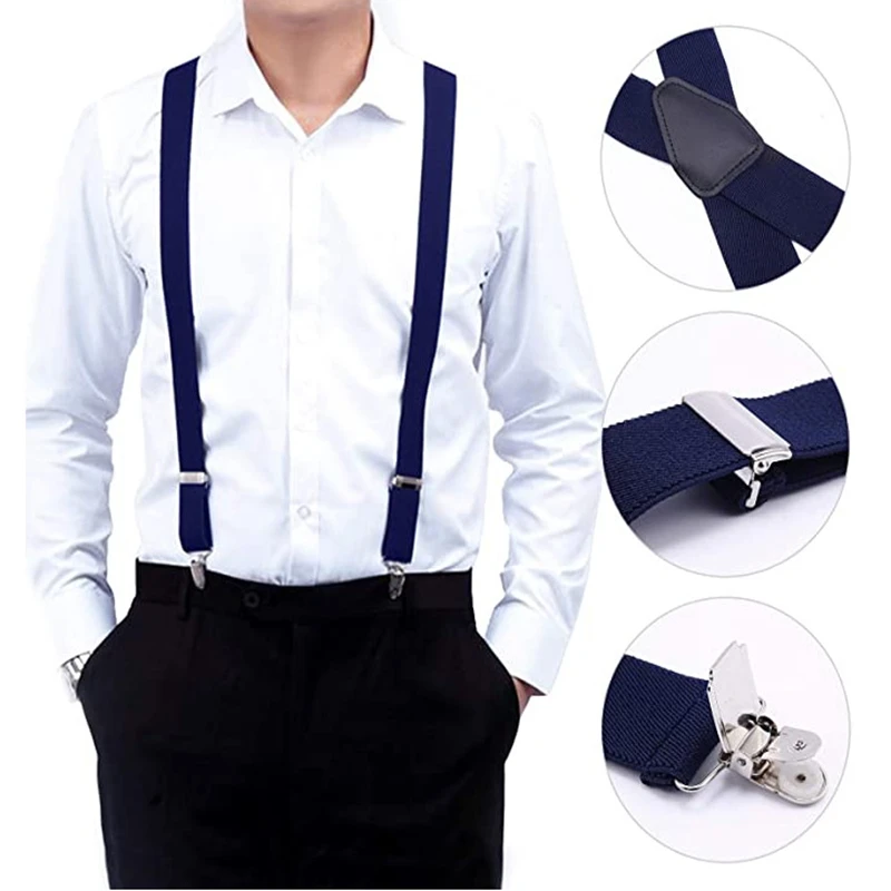 Suspenders for Men Wide X Back With 4 Strong Hooks 2.5cm Women's Pants with Adjustable Elastic Trouser Braces Straps grey navy