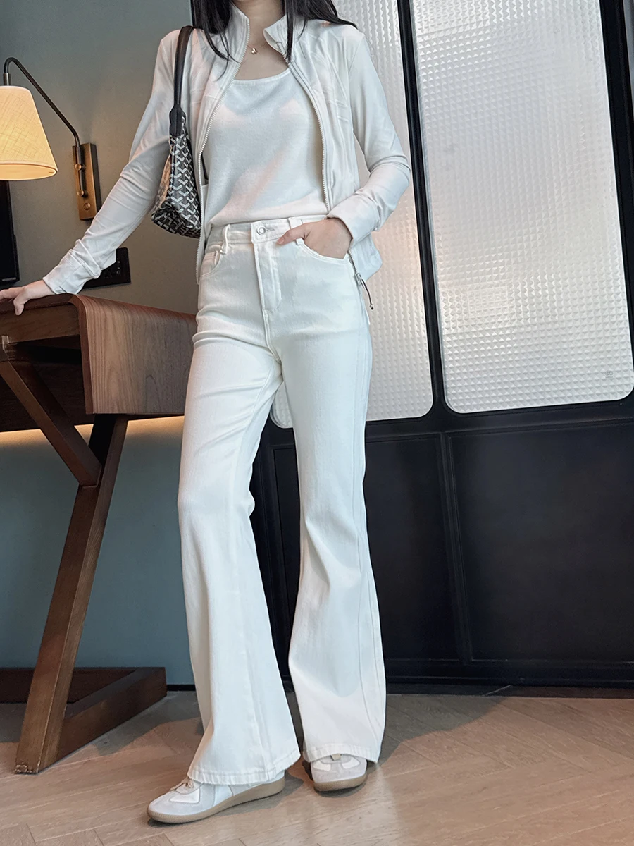 

Slim Fit High Waist Denim Pants Four Way Stretch Ruche Design Versatile Comfortable Wide Leg Jeans for Women Spring Season