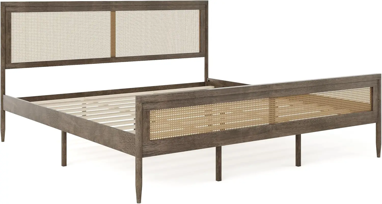 Bed with Rattan Headboard and Footboard Support Slats, No Box Spring Needed, King Size, Brown Gray