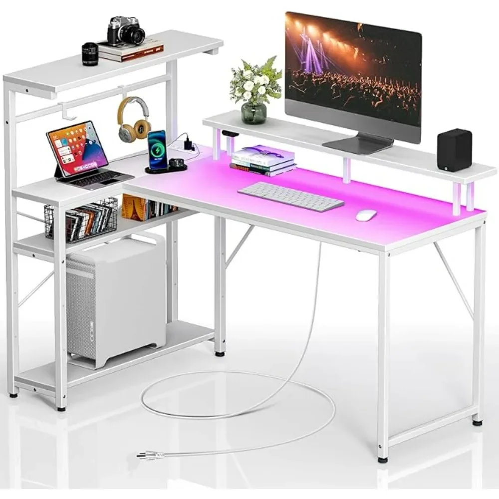 

Seven tables gaming table with power socket and LED lights, small reversible desk with monitor stand, 4 shelves and hooks