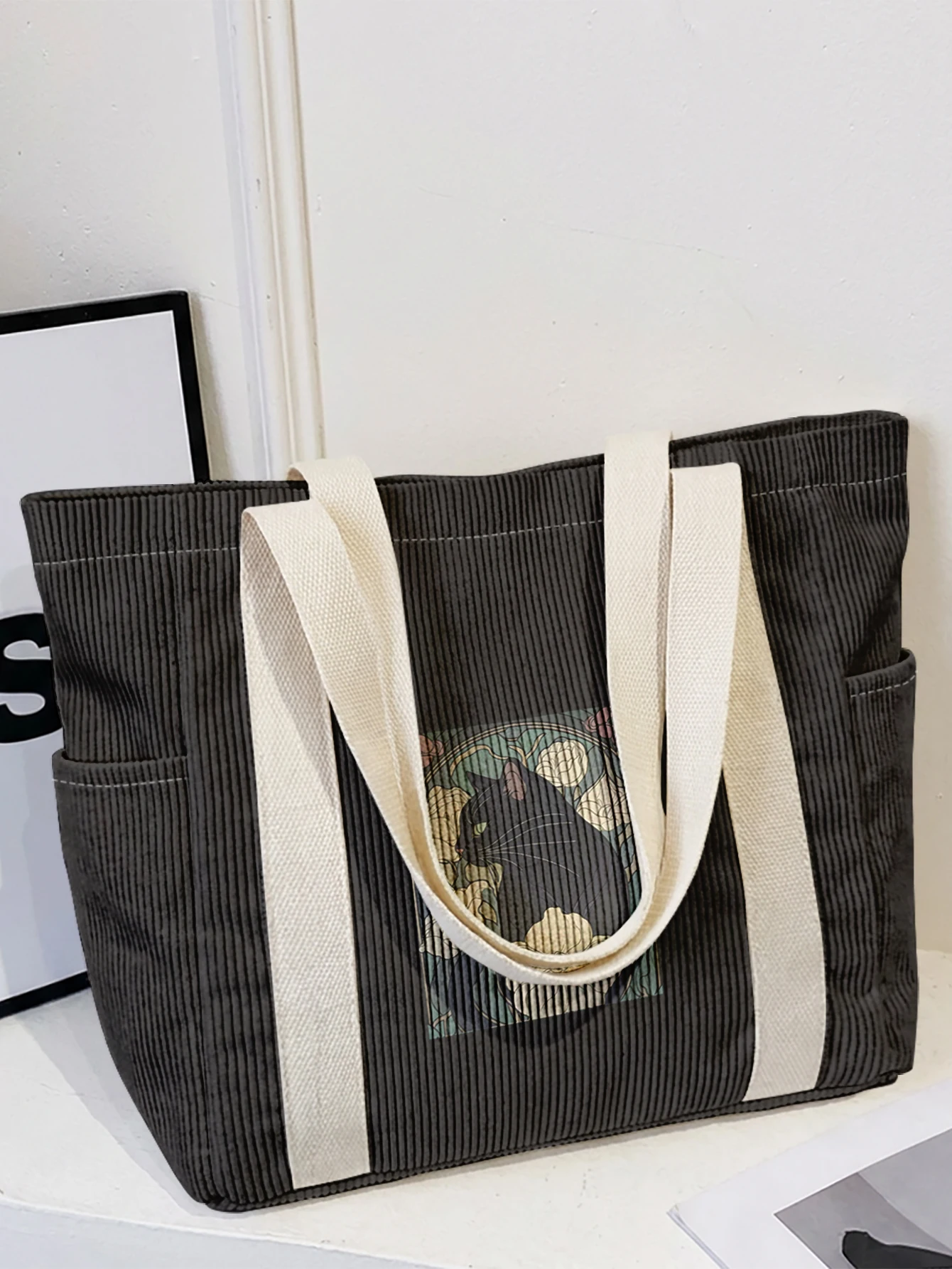 Black Cat Floral Print Corduroy Tote Bag, Large Capacity Multi Pocket Shoulder Bag for School Shopping Daily Use