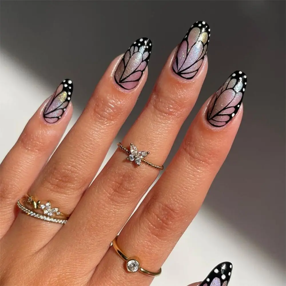 Manicure Long Oval False Nails French Gradient Pink Fake Nials Mysterious Celadon Aurora Butterfly Press on Nails Women