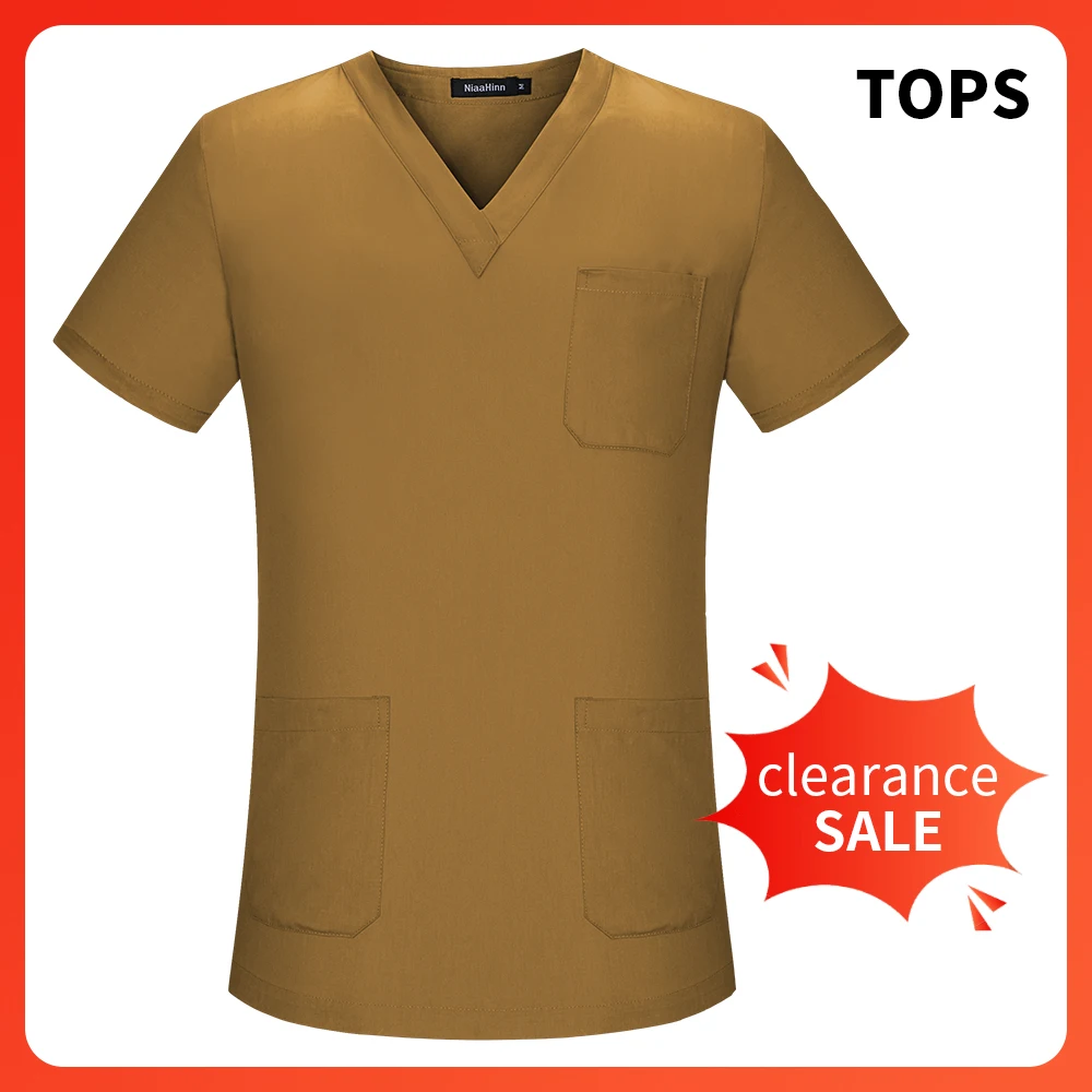 Clearance Sale Solid Color Nursing Scrub T-shirt Short Sleeve V Neck Medical Tops Women Lab Uniform Overalls Pocket Nursing Tops