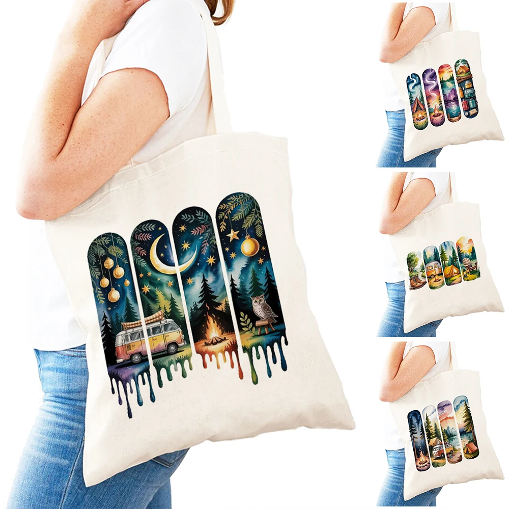 

Camping Tent Girl Daily Use Bag Double Print Lake Sunset Women Shopping Shoulder Handbag Lightweight Trailer Lady Stylish Bags