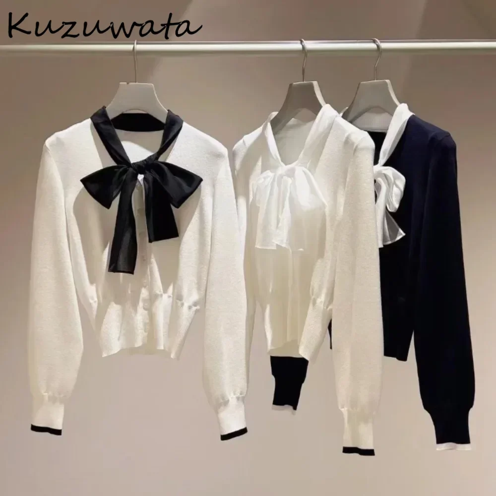 Kuzuwata French Style V Neck All-match Bow Cardigan Panelled Lace Up Minority Slim Sweaters Japanese Casual Office Lady Jumper