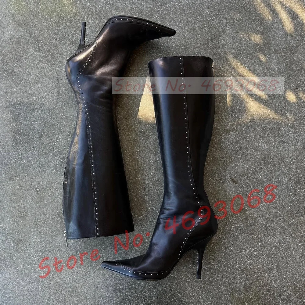 Black Studded Knee-length Boots Women Sexy Pointy Toe Rivets Edging High Heels Office Ladies Back Zipper Casual Long Boots