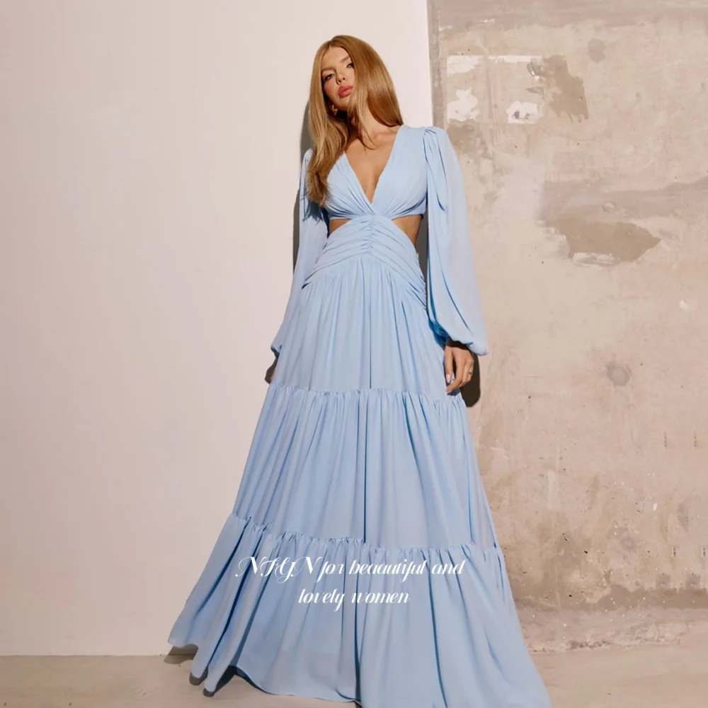 

NFYN Blue Prom Dresses Long Sleeves Elegant Party Dresses wtih Pleats Chiffon Evening Dresses حزب فساتين Customized