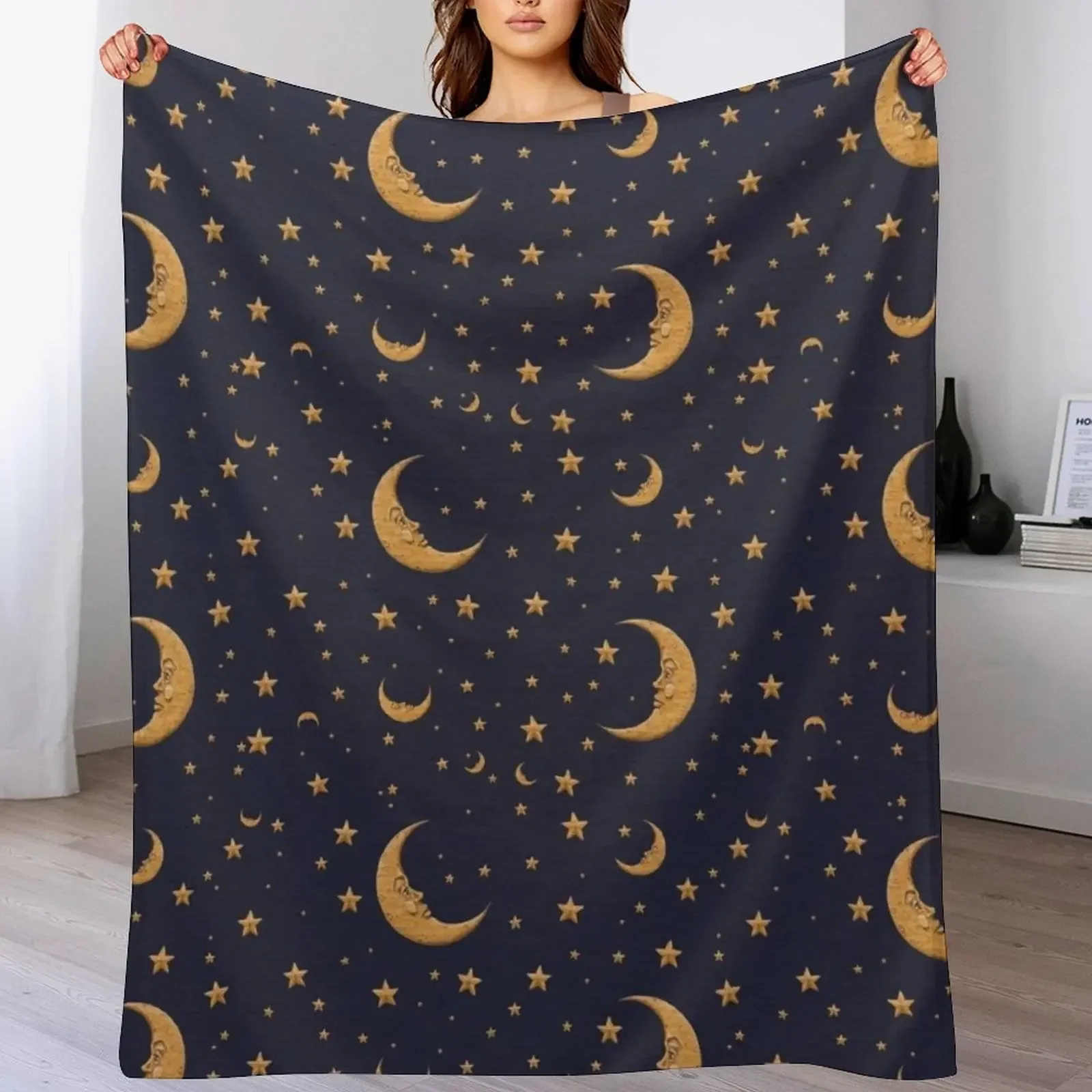 

Vintage Gold Moon And Stars on Blue Throw Blanket Loose Moving halloween Blankets