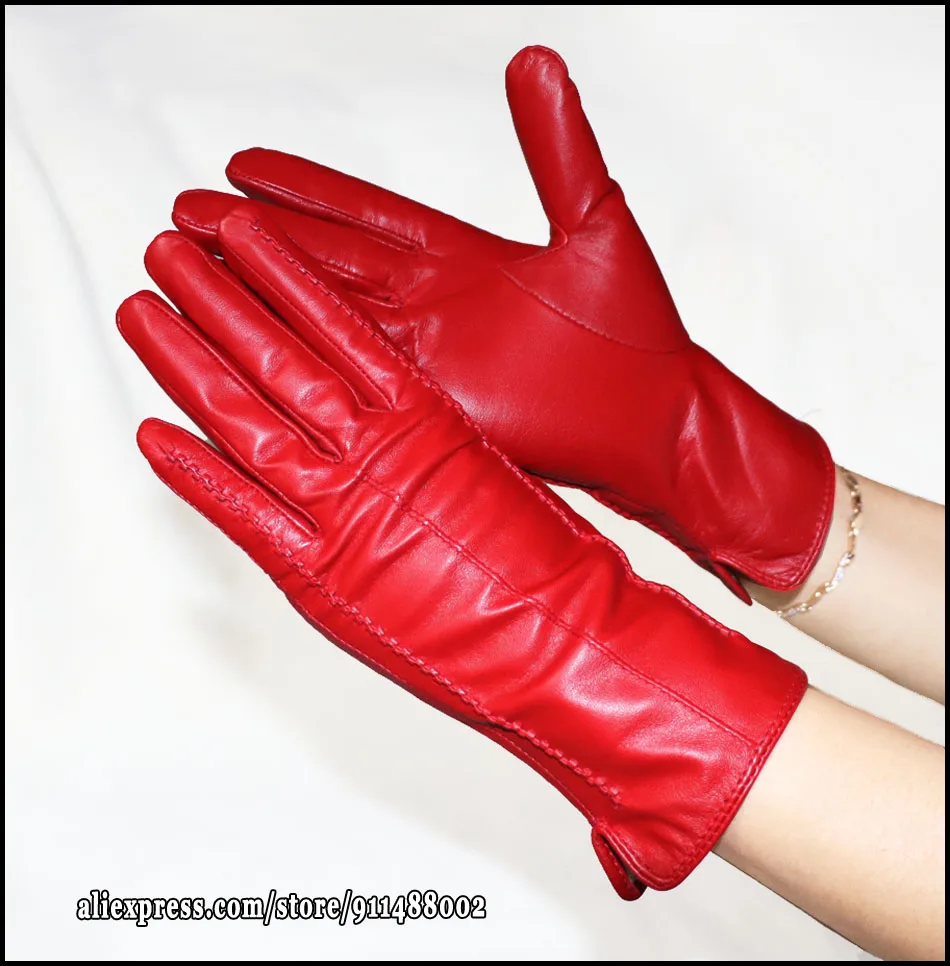 Leather gloves women's sheepskin flannel lining winter warmth high-grade black touch screen color leather gloves driving new