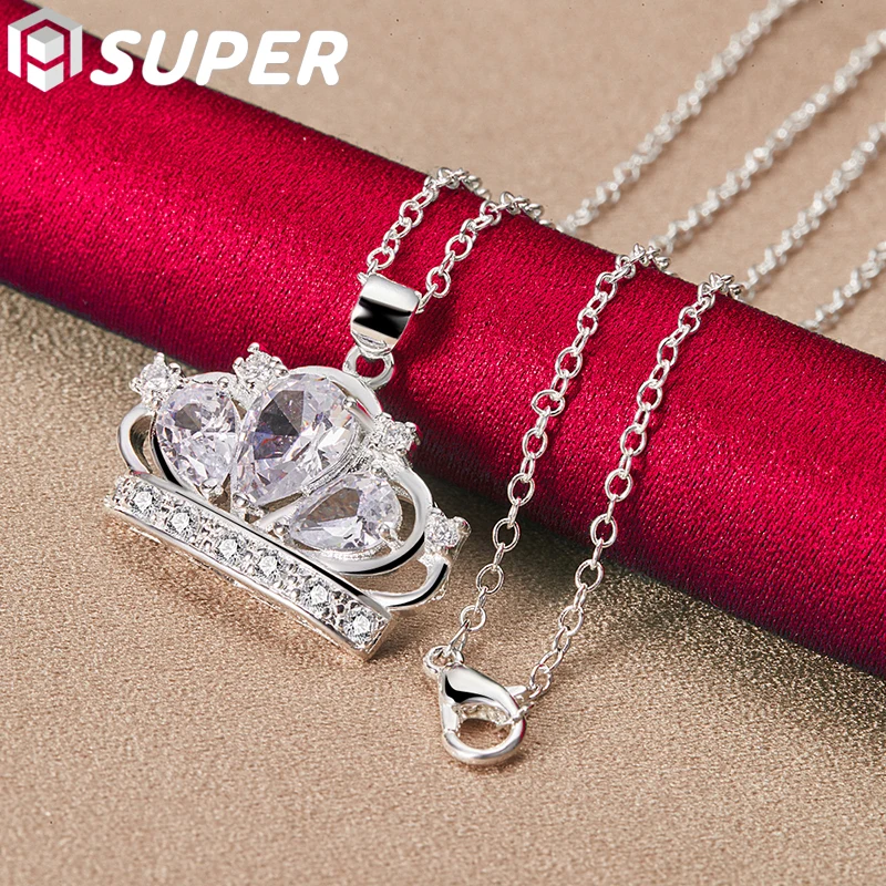 925 Sterling Silver Aaa Zircon Crown Pendant Necklace 18/20/22/24/26/28/30 Inch Chain For Woman Charm Wedding Jewelry