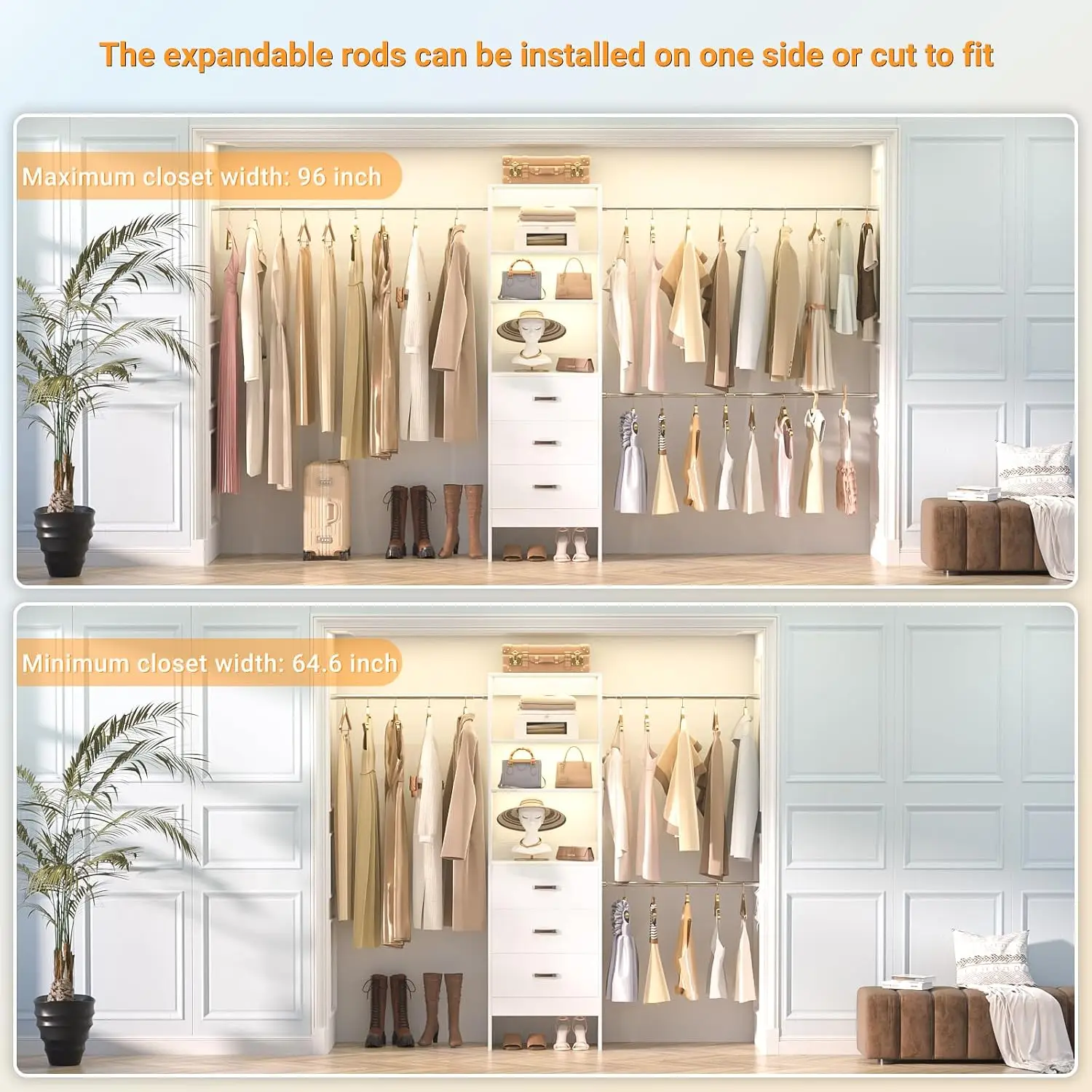 96'' Closet Organizer System with 3 Hanging Rods & 3 Wooden Drawers, Adjustable Walk-in Wardrobe from 5-8FT, White, Customized
