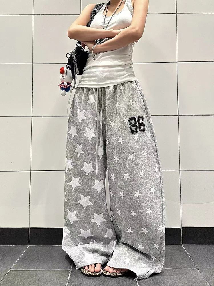 

Широкие брюки с американским звездным принтом, женские свободные спортивные штаны с высокой талией и шнурком Y2K, уличная одежда в стиле хип-хоп, прямые брюки, новинка