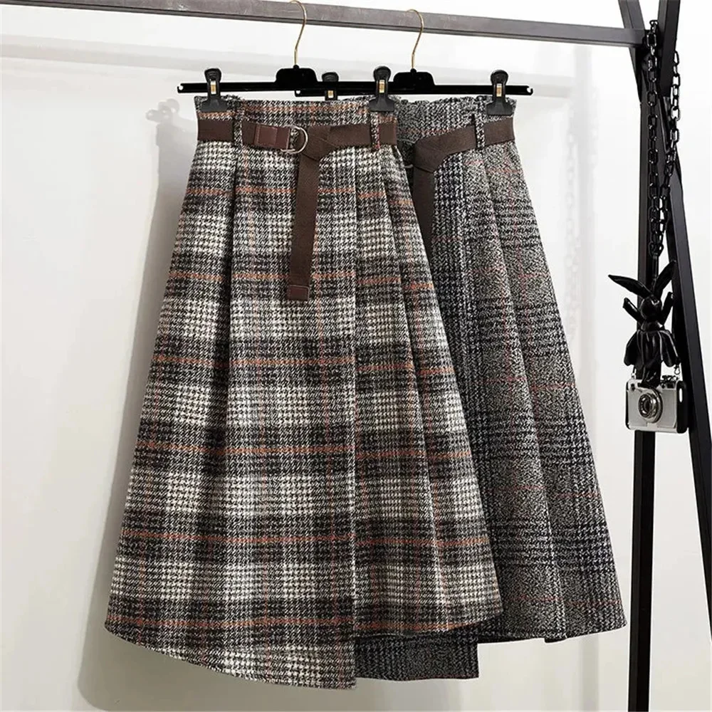 2025 Spring new Elegant Maxi Women Plaid Irregular Wool Midi Skirts Pleated England Style Vintage Warm Long jupe Faldas Mujer