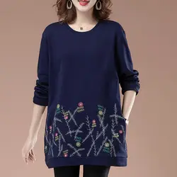 Women's Round Neck Plus Size T-shirt 2023 Autumn and Winter New Loose Midi Long Sleeve Printing Pocket Folk Commute Hoodies Tops