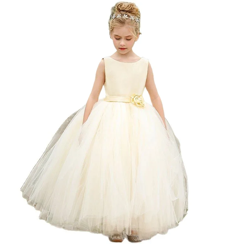 Champagne Tulle Wedding Dresses For Flower Girls Backless First Communion Dress Kids Pageant Performance Birthday Party Gown