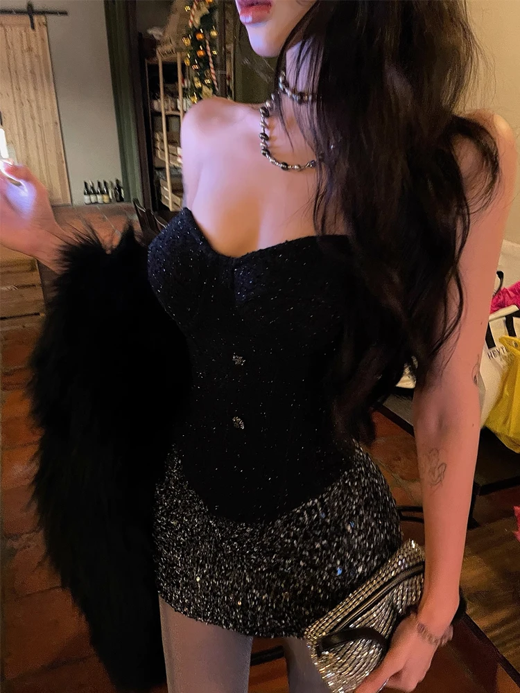 

Keni plus Size Sexy Strapless Fishbone Women's Autumn Bright Sequin Bodycon Skirt Hot Girl Set High Waist A-Line Dress