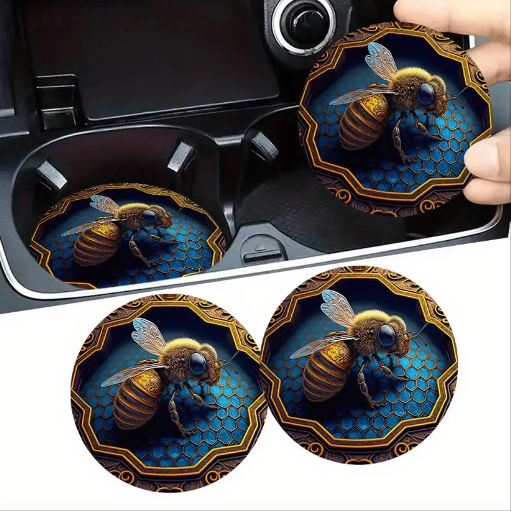 Golden Bee Blue Honeycomb EVA Car Coasters Set Of 2 High-Quality Non-Slip Keep Cup Holders Tidy & Dry