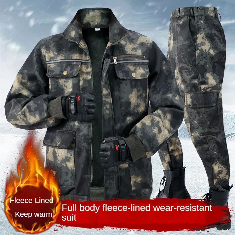 Autumn And Winter Plush Thickened Work Clothes Suit Men\'s Cold Proof Warm Keeping Camouflage Suit Auto Repair Labor Protection