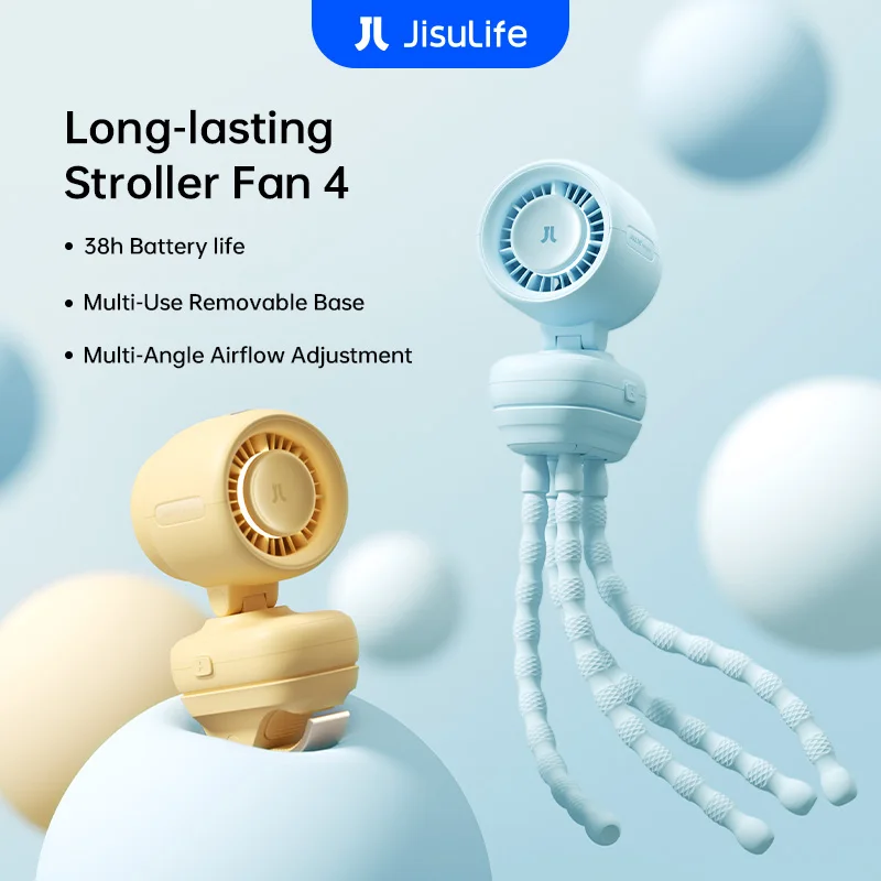 JISULIFE Mini Stroller Fan Portable Clip On Battery Operated with Night Light, 5 Speeds LED Display, Removable Flexible Stand