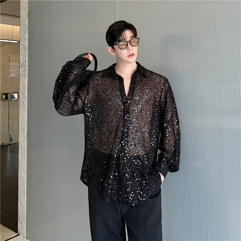 

SYUHGFA Men's Shirts Luxury Sequins Hollw Out Turn Down Collar Casual Solid Color Long Sleeve Male Tops 2024 Autumn Shirt