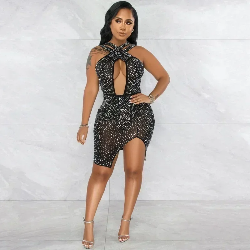 GUWU – robe de soirée courte croisée en maille transparente scintillante, couleur chair, strass, été, pour femmes, découpée, cristal, tenue de soirée, boîte de nuit