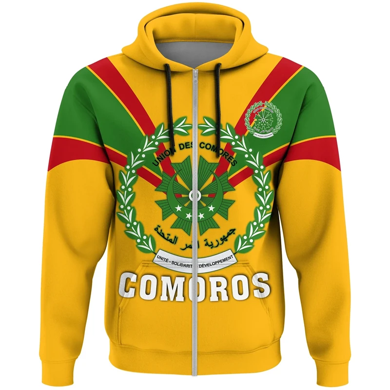 Africa Comoros Map Flag 3D Print Zip Up Hoodie For Men Clothes Patriotic Tracksuit National Emblem Graphic Sweatshirts Male Top