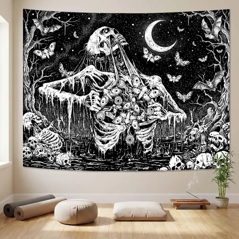 VIKAMA Gothic Skull Tapestry Black and White Crescent Moon Moth Bat Starry Night Wall Hanging Dark Art Bedroom Decor