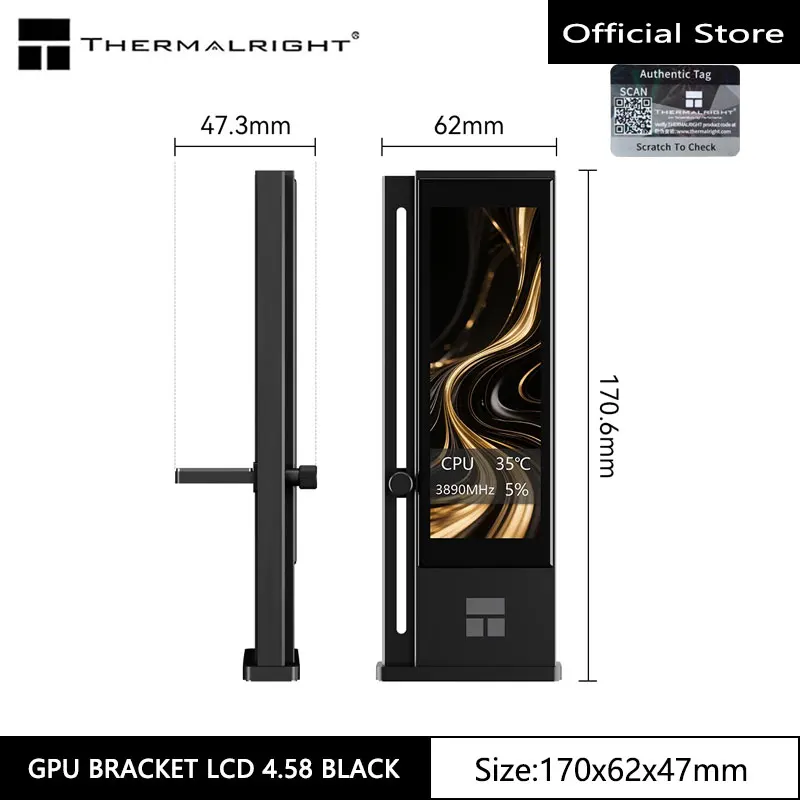 support-pour-carte-graphique-thermalright-gpu-ecran-lcd-458-alliage-d’aluminium-usine-par-commande-numerique-cnc-interface-usb-a-9-broches-hauteur-reglable-base-magnetique