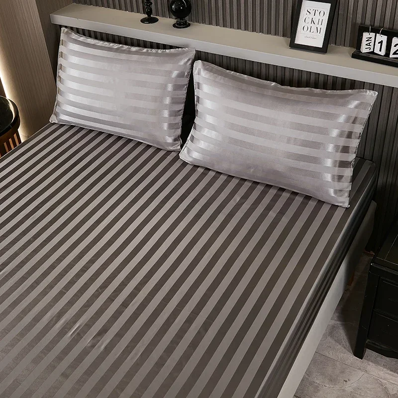 Satin-Silk Fitted Sheets Queen Size Bedsheet Set Gray Soft Cooling Deep Pocket Sheets Bedding Sets, Striped Solid Mattress Cover