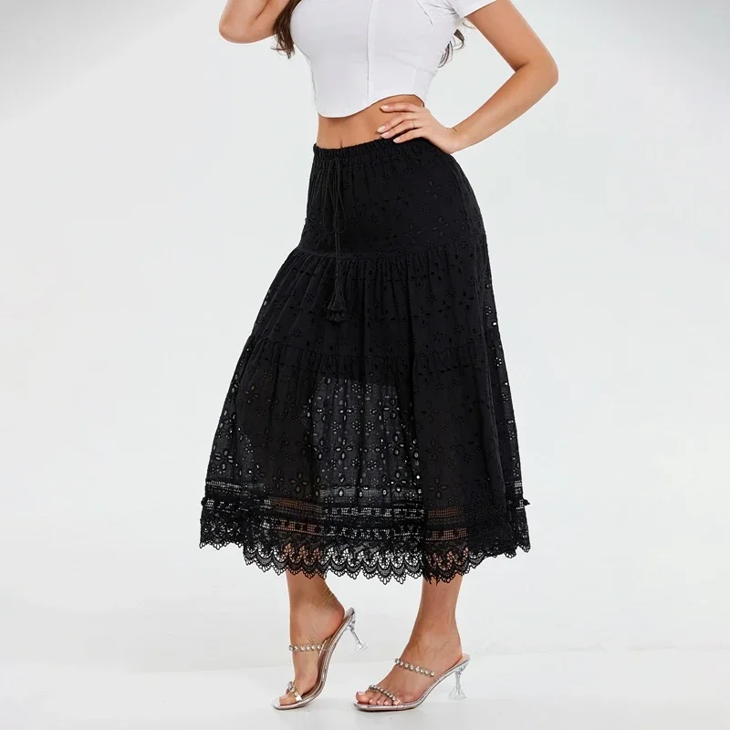 Bohemian Jacquard Eyelet Long Skirts Vintage Hollow-Out Elastic Waist Maxi Skirts Beach Holiday Fairy Cottage Y2K A-line Skirts