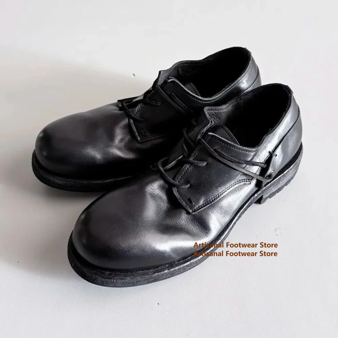 

Black Leather Round Toe Lace-Up Derby Shoes Men's Soft Leather Chunky Sole Oxford Shoes Trendy Luxury Handmade Men's Shoes