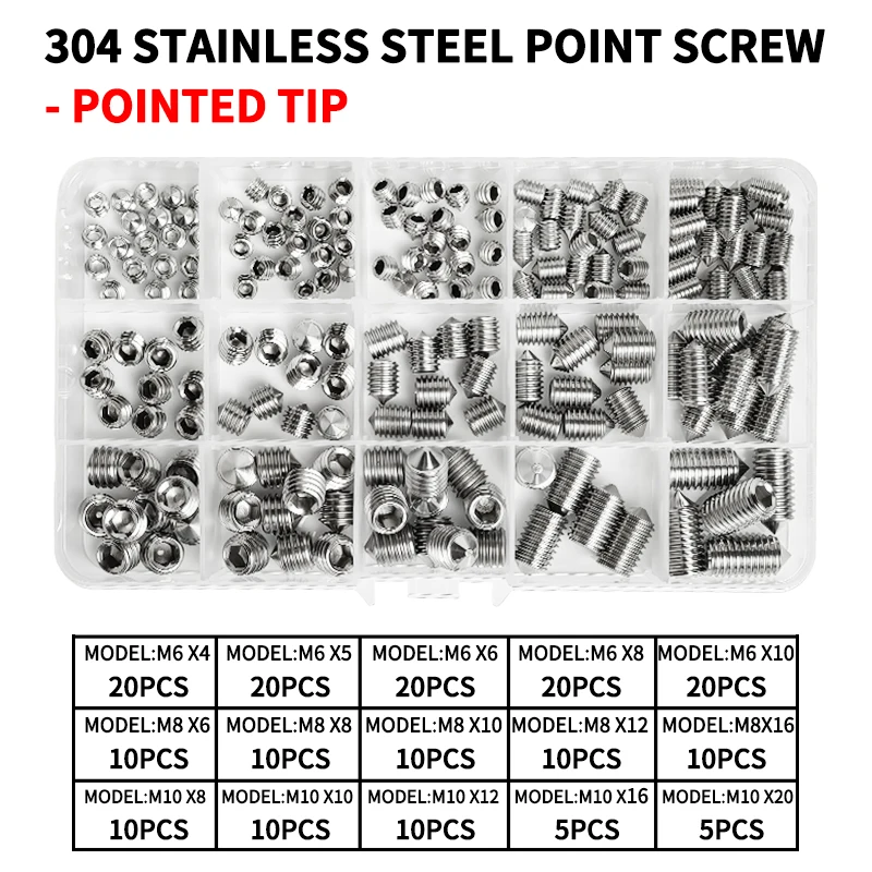 

DIN914 304 Stainless Steel Hex Socket Point Grub Screws M3 M4 M5 M6 M8 M10 Assortment Kit - High Hardness Fasteners Set