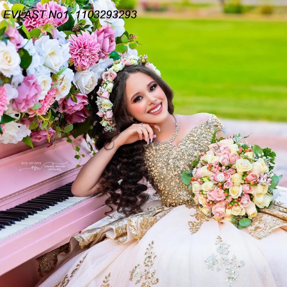 EVLAST Personalizado Brilhante Champanhe Quinceanera Vestido de Baile Ouro Lace Applique Beading Doce 16 Vestidos De 15 Anos E1QN596