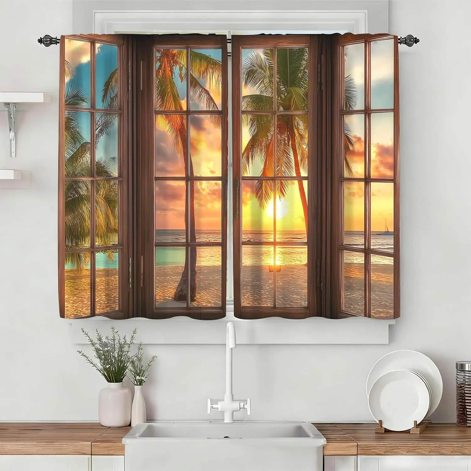 Tropical Sunset Palm Tree Curtains Window Drapes Beach Ocean Resort Style Filter Curtains 2pcs Pair for Home Bedroom Bathroom De