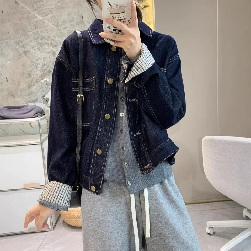 

Korean Style Design Plaid Turn-Up Sleeve Short Top Women, Autumn New Vintage Versatile, Elegant Coat