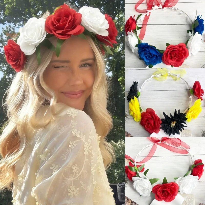 National Colored Flower Crown Headband Women Adjustable Boho Artificial Floral Wreath Sports Events Parties Bridal Photography