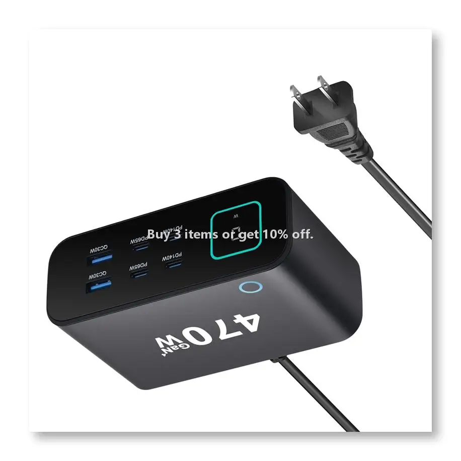 ◉Ultra-Portable 470W GaN Fast Charger TFT Digital Display USB-C PD 6-Port 4C2A Desktop Charging for Phone US
