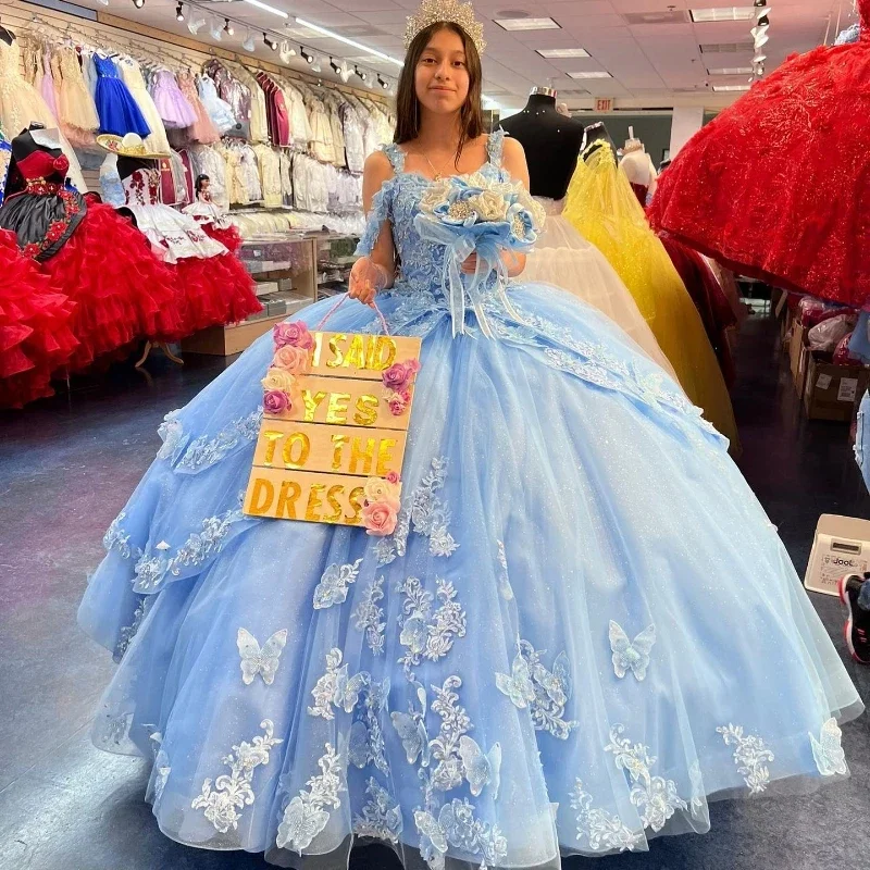 Robes de Quinceanera bleu glacier, élégantes appliques en dentelle, nœud en tulle, Sweet 16, robe de soirée princesse, robe formelle de remise des diplômes, 15 Anos