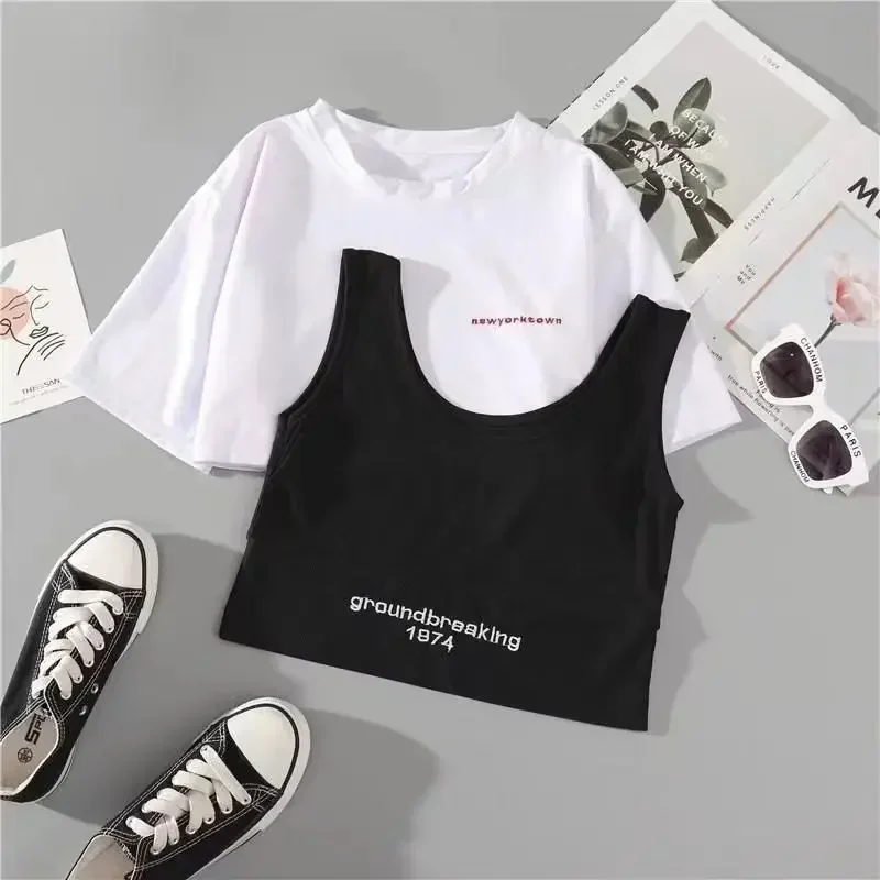 Women\'s Harajuku Cargo Pants 2 Piece Sets, New Streetwear Two-piece Black White T-shirt Short-sleeved and Ribbon Chain Pants