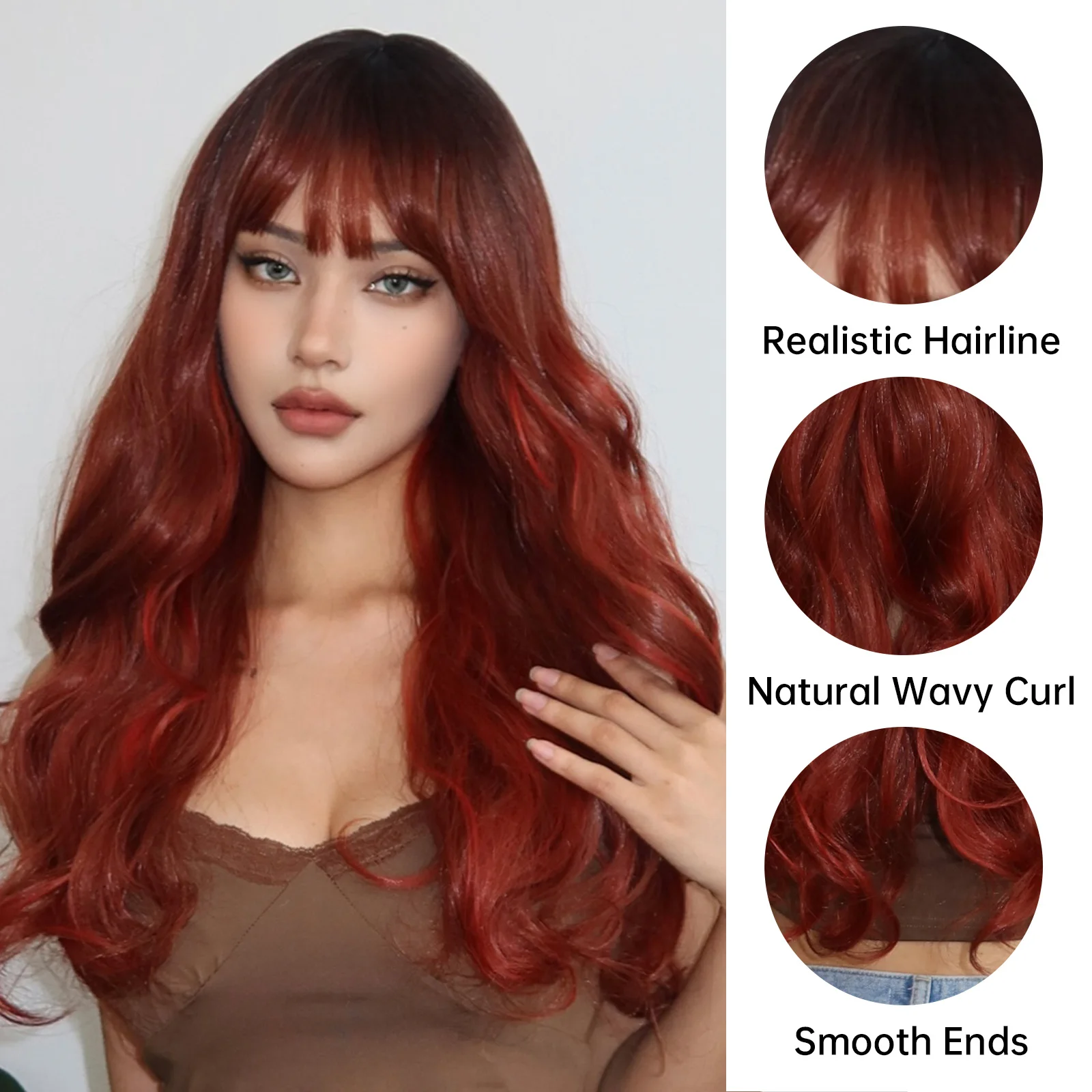 LOUIS FERRE Ombre Brown to Red Brown Wavy Hair Long Natural Wave Copper Ginger Synthetic Wigs for Women Heat Resistant Fiber Wig