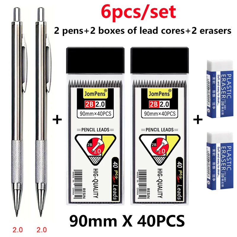 Set van metalen mechanische potloden van 0,5/0,7/0,9/1,3/2,0 mm met verwisselbare potloodstiften, voor gebruik op kantoor, op school, voor schetsen en schrijven.