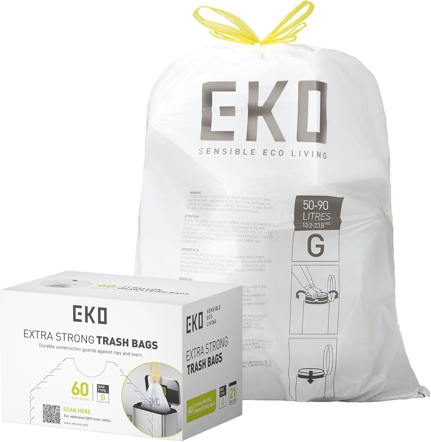 

21 Gallon Drawstring Trash Bags, Extra-Strong Unscented Garbage Bags with Easy-Dispense Roll for Kitchen and Household Use, 60